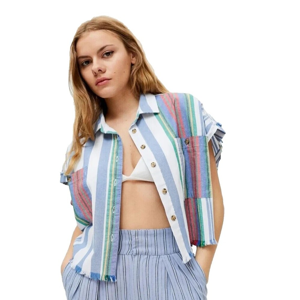 BDG Button Up Women Extra Small Multicolor Stripe Collared Cropped Blouse Top